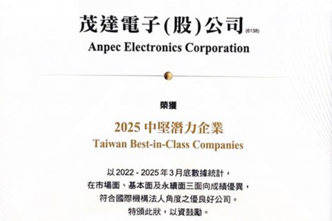 茂達電子榮獲「2025 外資精選台灣100強 之中堅潛力企業」