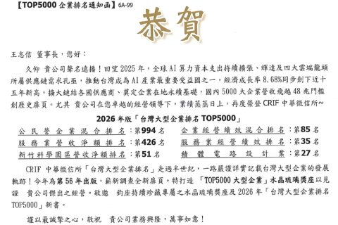 榮獲中華徵信所評選為「台灣大型企業排名TOP5000」